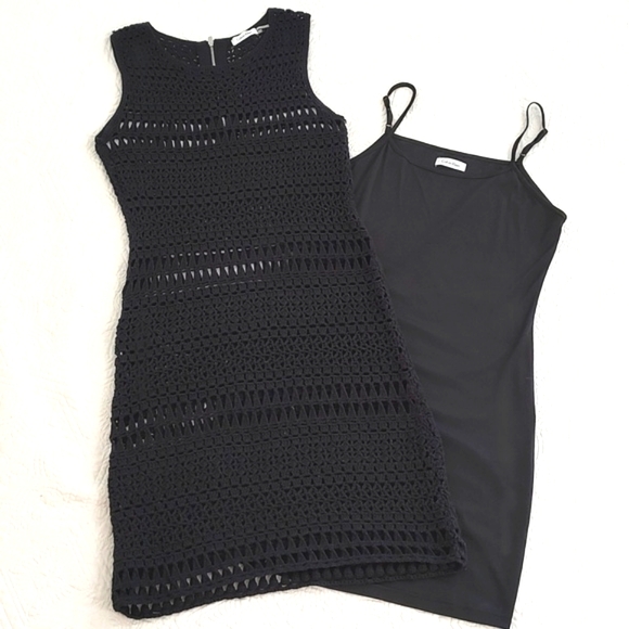 Calvin Klein Dresses & Skirts - Calvin Klein Black Sleeveless Crochet Dress w/ Under Dress/ Size M